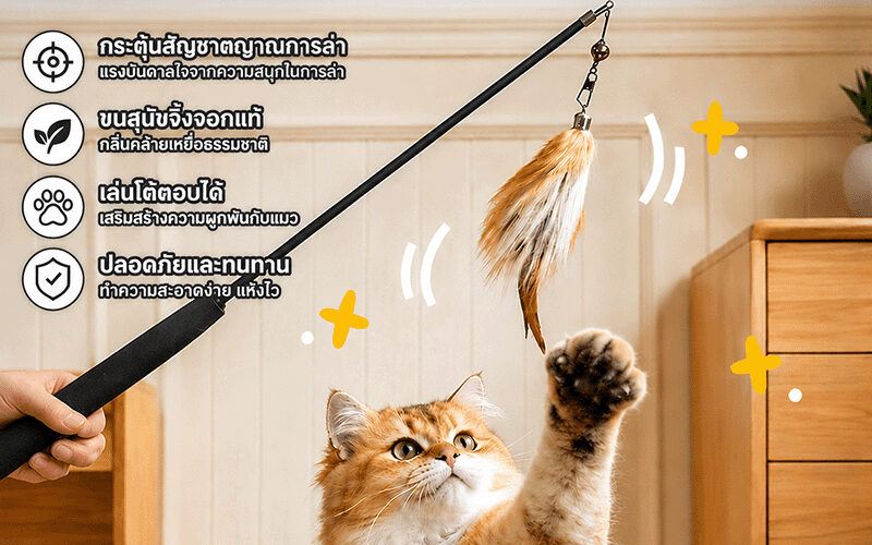 TPETBOX Telescopic Cat Teaser Wand with Replaceable Natural Feather/Fox-Fur Heads